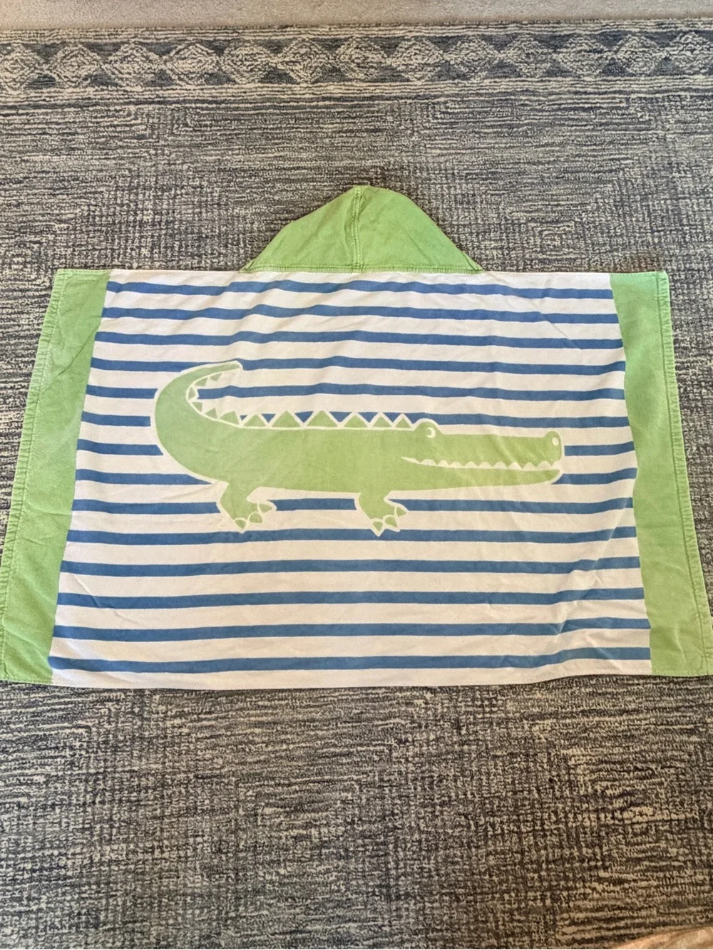Pottery Barn Kids Blue & White Striped Hooded Towel with Green Trim